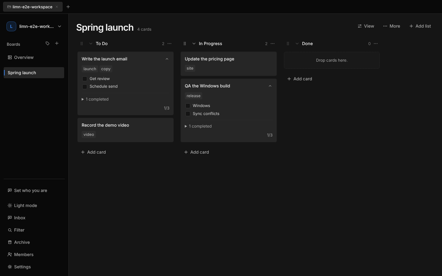 Limn showing a board with task lists and a card.